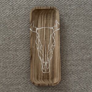 Wooden Tray with White Longhorn Skull Design